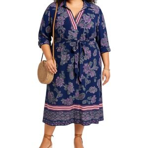 Mlle Gabrielle Navy Floral Paisley Midi Dress 2X Boho V Neck Tie Waist Stretch
